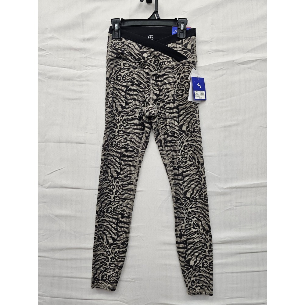 JoyLab Womens High-Rise 7/8 Zebra Print Leggings Crossover Waist XS Black Tan